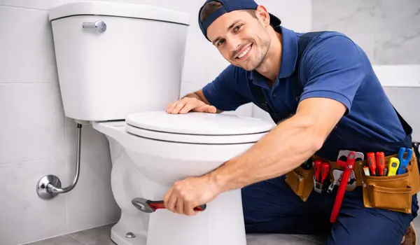 a male plumber installing a toilet from 24 Hr Plumbing Leander in Leander, TX - Commercial plumbing Repairs