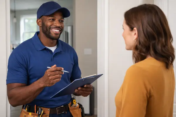 a male plumber talking to a customer from 24 Hr Plumbing Leander in Leander, TX - Commercial plumbing Repairs a male plumber talking to a customer from 24 Hr Plumbing Leander in Leander, TX - Commercial plumbing Repairs