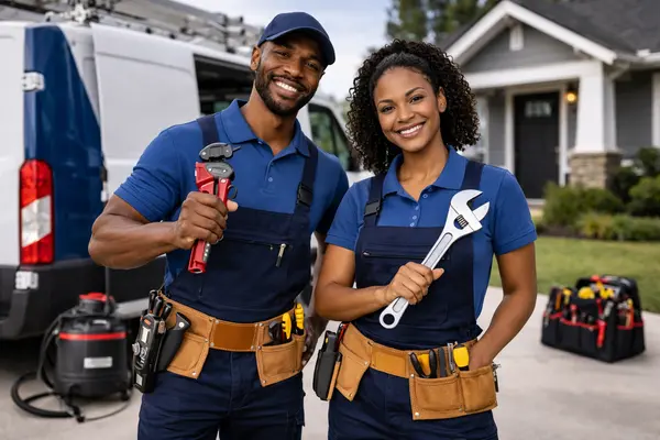 a male and a female plumbers smiling at the camera from 24 Hr Plumbing Leander in Leander, TX - Kitchen Sink Leaks Repair
