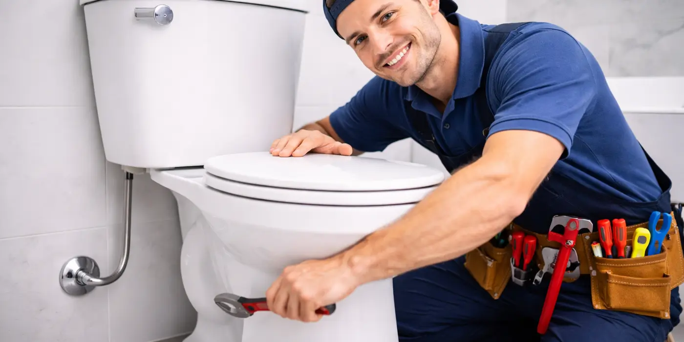 a male plumber installing a toilet from 24 Hr Plumbing Leander in Leander, TX - Outside faucet installation