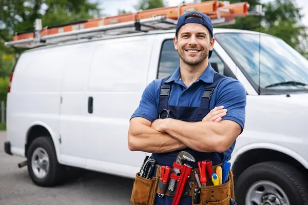 a male plumber smiling at the camera with a van in the background from 24 Hr Plumbing Leander in Leander, TX - Sewer Line Clearing Services a male plumber smiling at the camera with a van in the background from 24 Hr Plumbing Leander in Leander, TX - Sewer Line Clearing Services