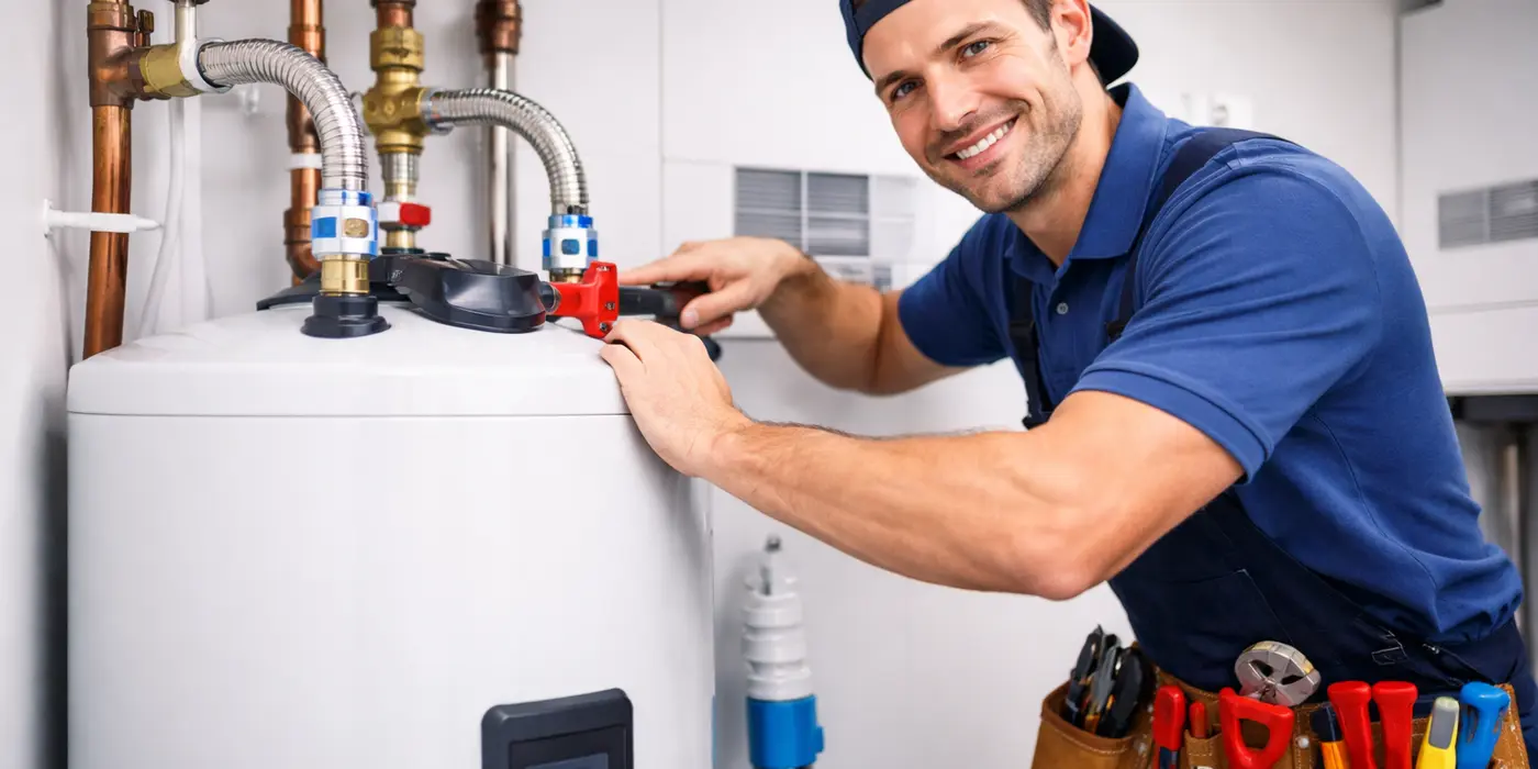 male plumber fixing a water heater from 24 Hr Plumbing Leander in Leander, TX - Shower Cartridge Replacement