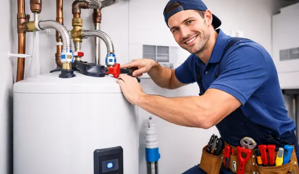 male plumber fixing a water heater from 24 Hr Plumbing Leander in Leander, TX - Shower Cartridge Replacement